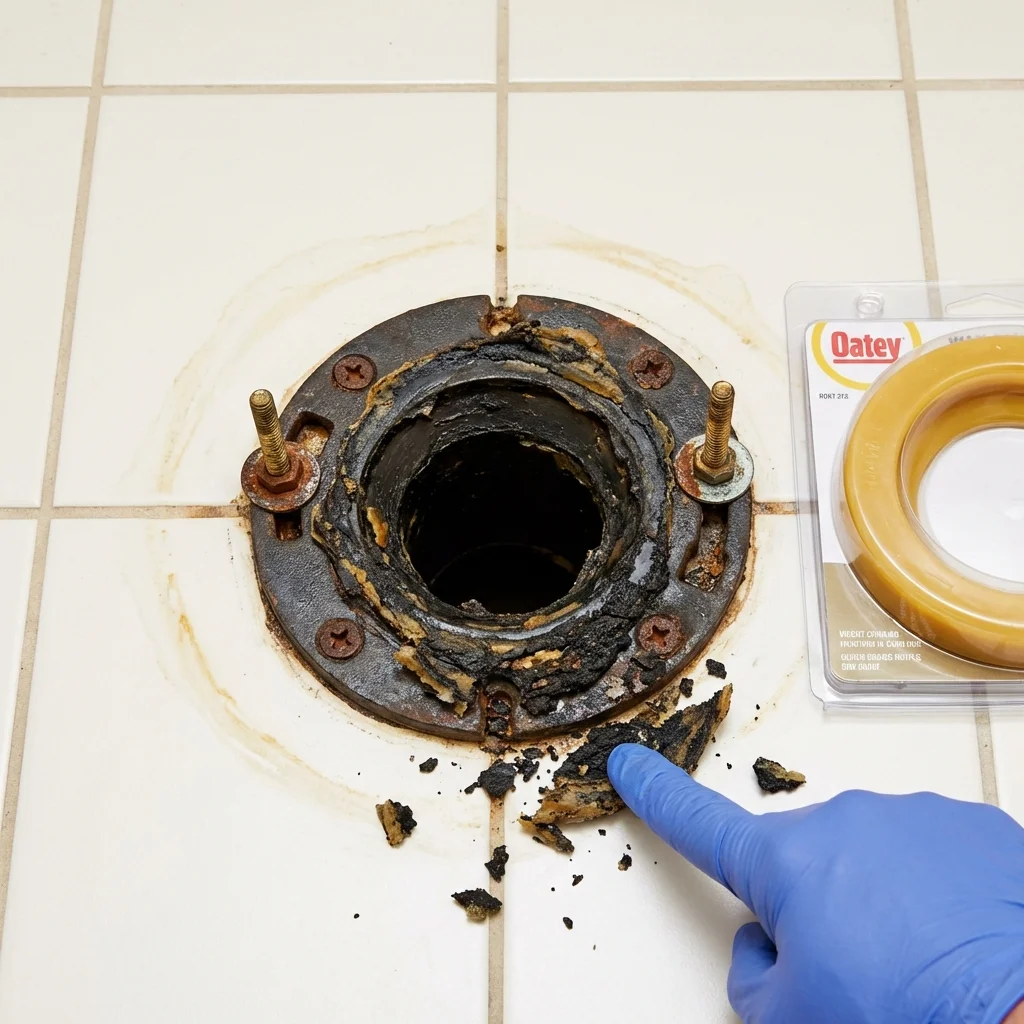 Failed wax ring showing water seepage at the base of a toilet in a Niles, IL home