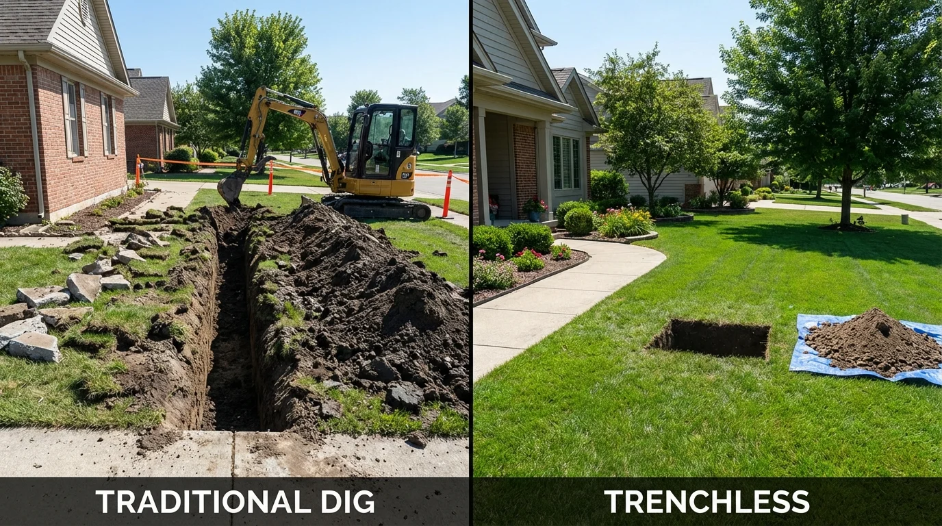 Trenchless sewer repair with minimal yard damage versus traditional excavation in Niles, IL